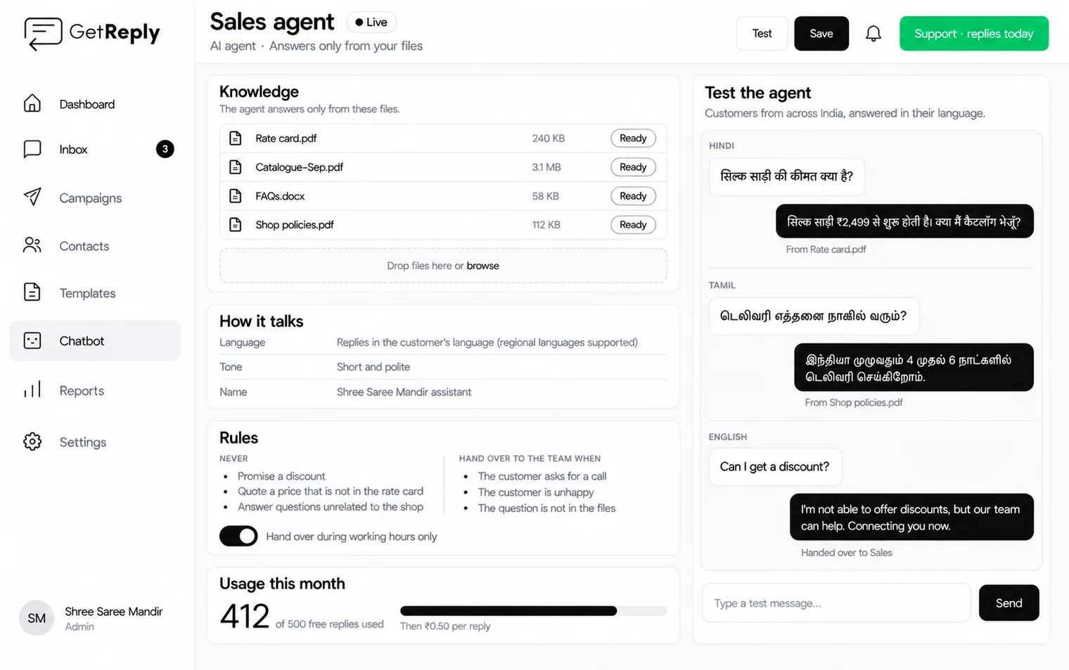 A GetReply AI sales agent: four uploaded knowledge files, the tone and rules it follows, and test replies in Hindi, Tamil and English answered from those files.