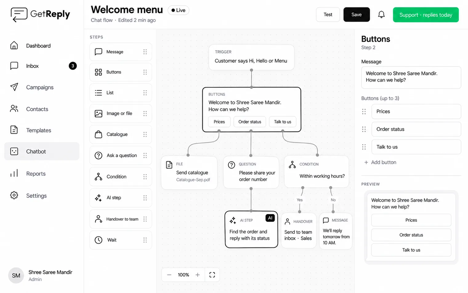 The GetReply chat flow builder: a welcome menu drawn as connected boxes — a trigger, a three-button menu, a catalogue step, an AI step that looks up an order, and a handover to the team inbox.