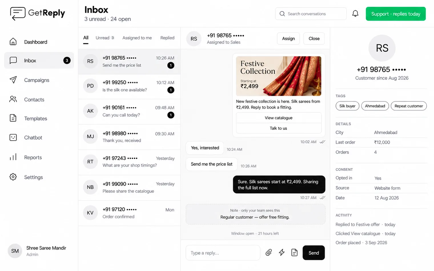 The GetReply team inbox: a list of WhatsApp conversations beside an open chat showing a festive collection template, the customer replies, a private team note, and 21 hours left in the reply window.