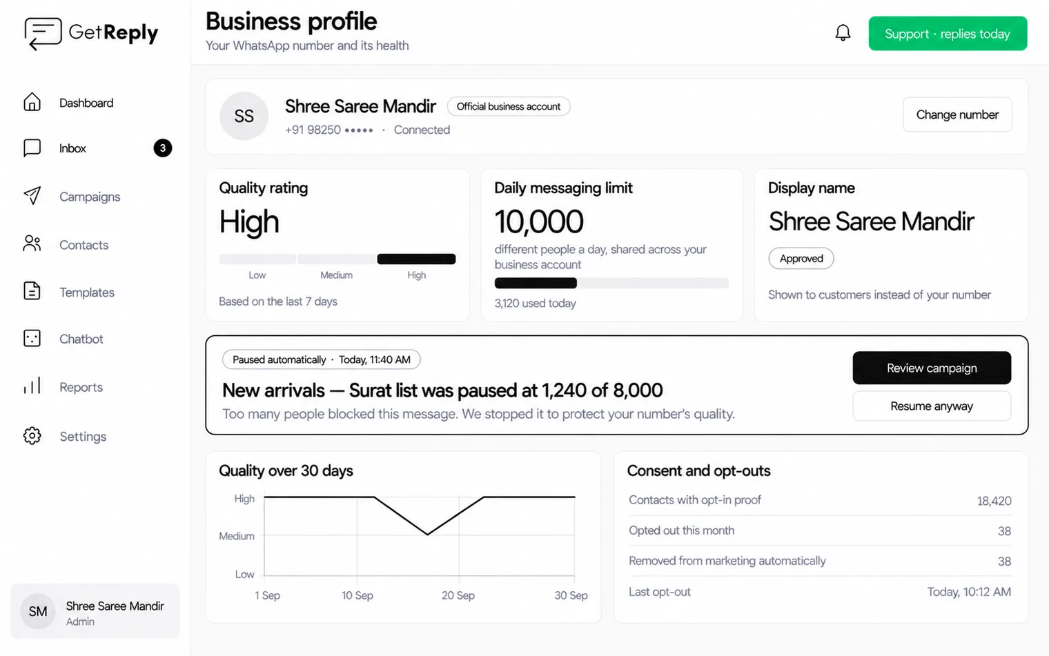 The GetReply business profile screen: a High quality rating, a daily limit of 10,000, a campaign paused automatically at 1,240 of 8,000 to protect the number, and this month opt-out totals.