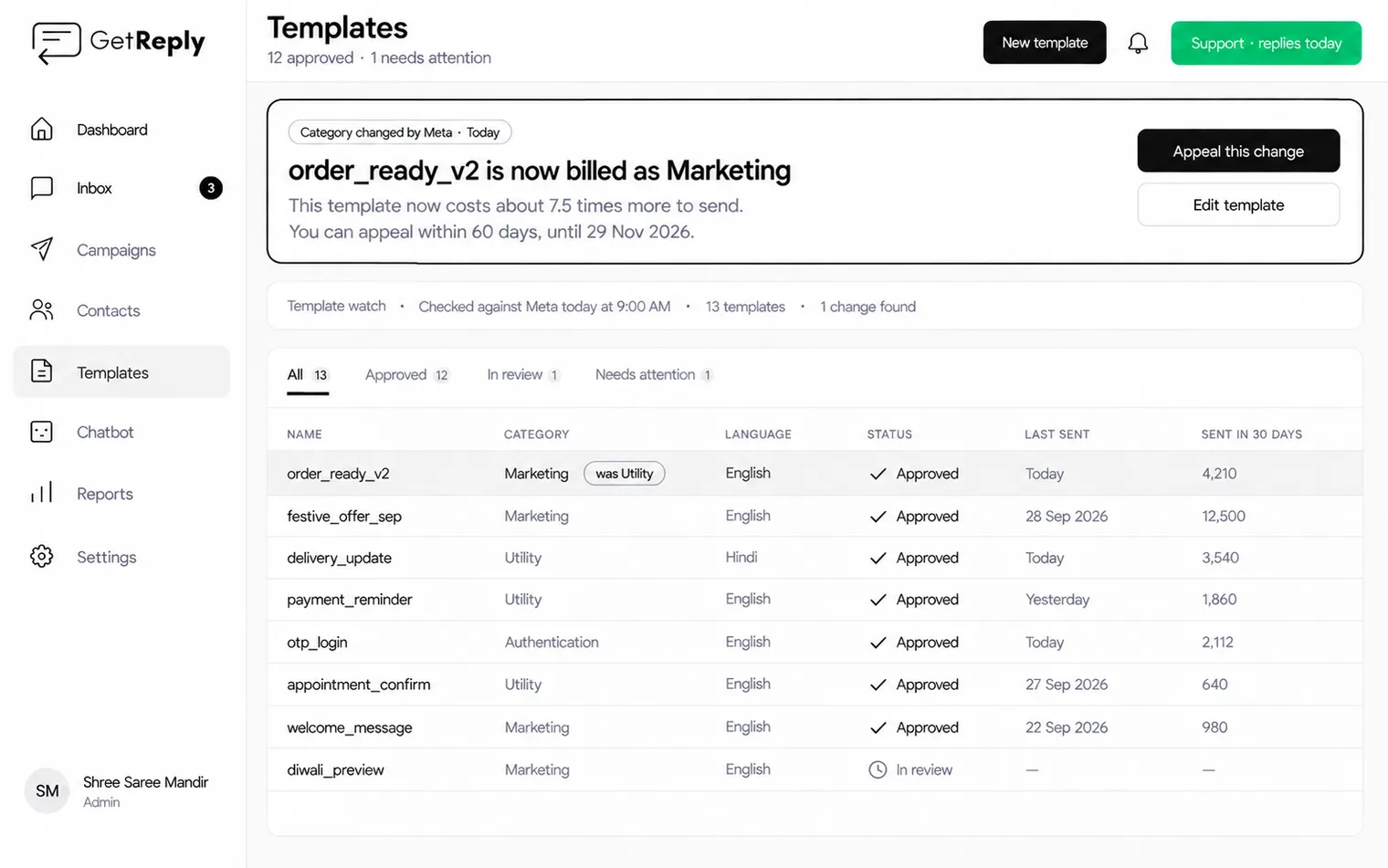 The GetReply templates screen: a banner showing order_ready_v2 was moved by Meta from utility to marketing today with the appeal deadline, above a table of every template with its category and status.